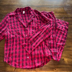 Victorias Secret Red Pink Plaid Shimmer Pajama Pants And Long Sleeve Top MEDIUM